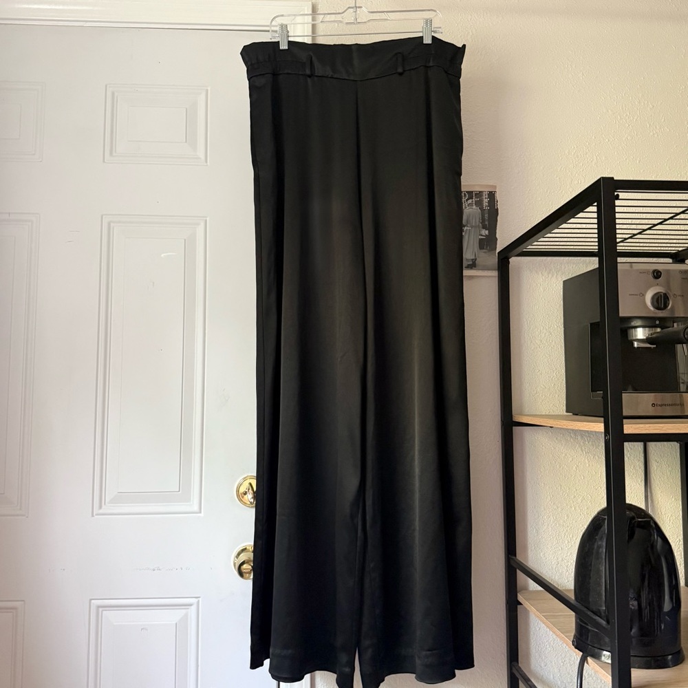 OSMAN black‎ satin elastic waist wide leg pants
